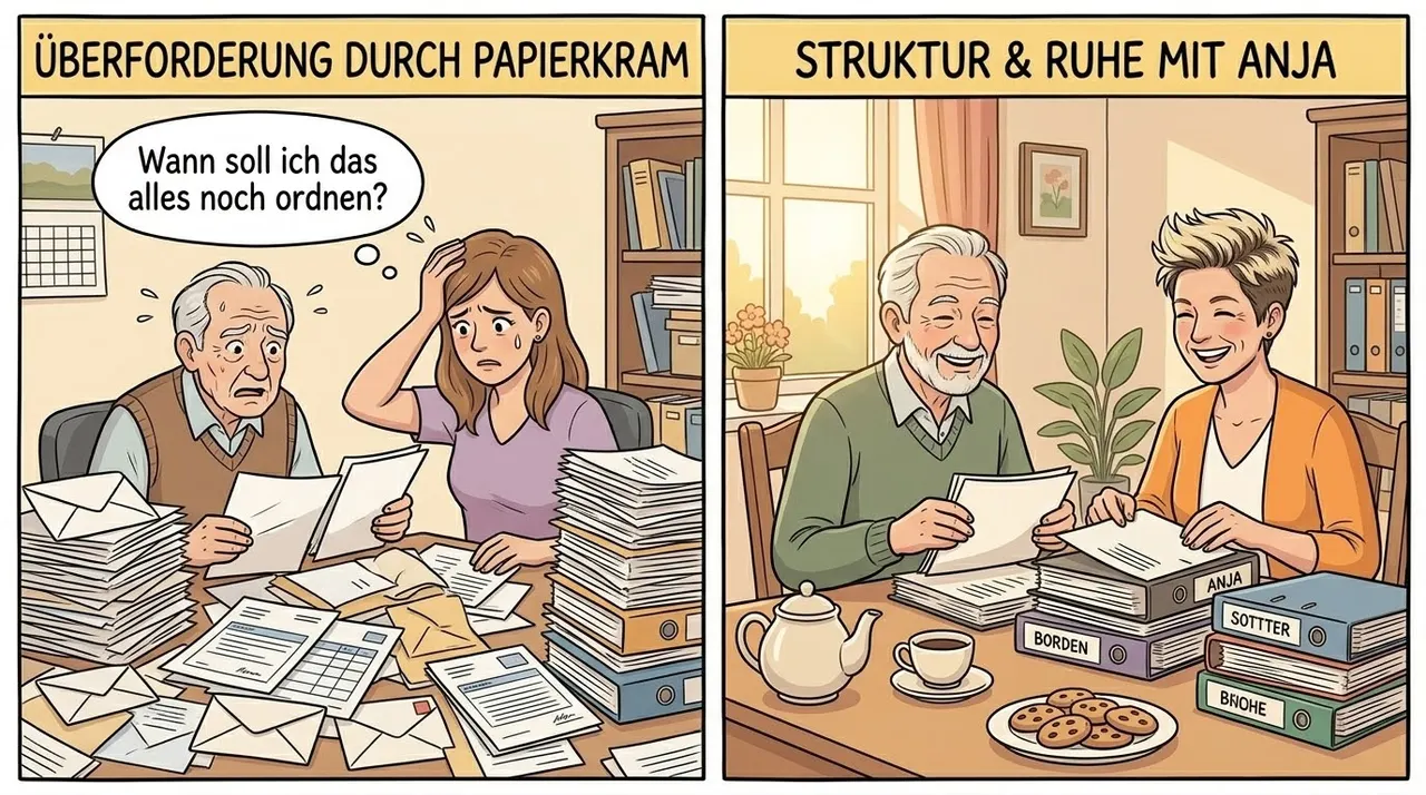 Cartoon: Überforderung durch Papierkram – Struktur & Ruhe mit Anja